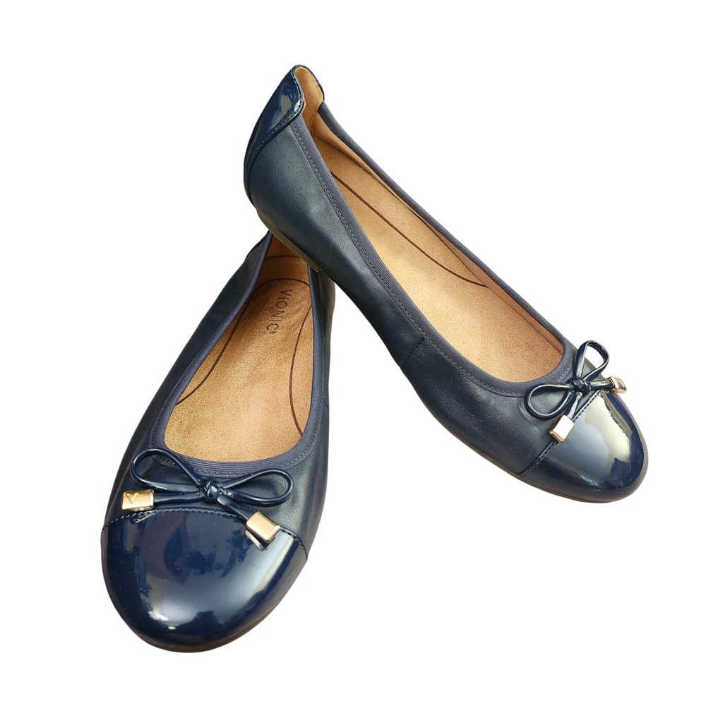 Vionic Minna Navy Blue Leather Patent Bow Ballet Flats Orthotic  8.5 Preppy